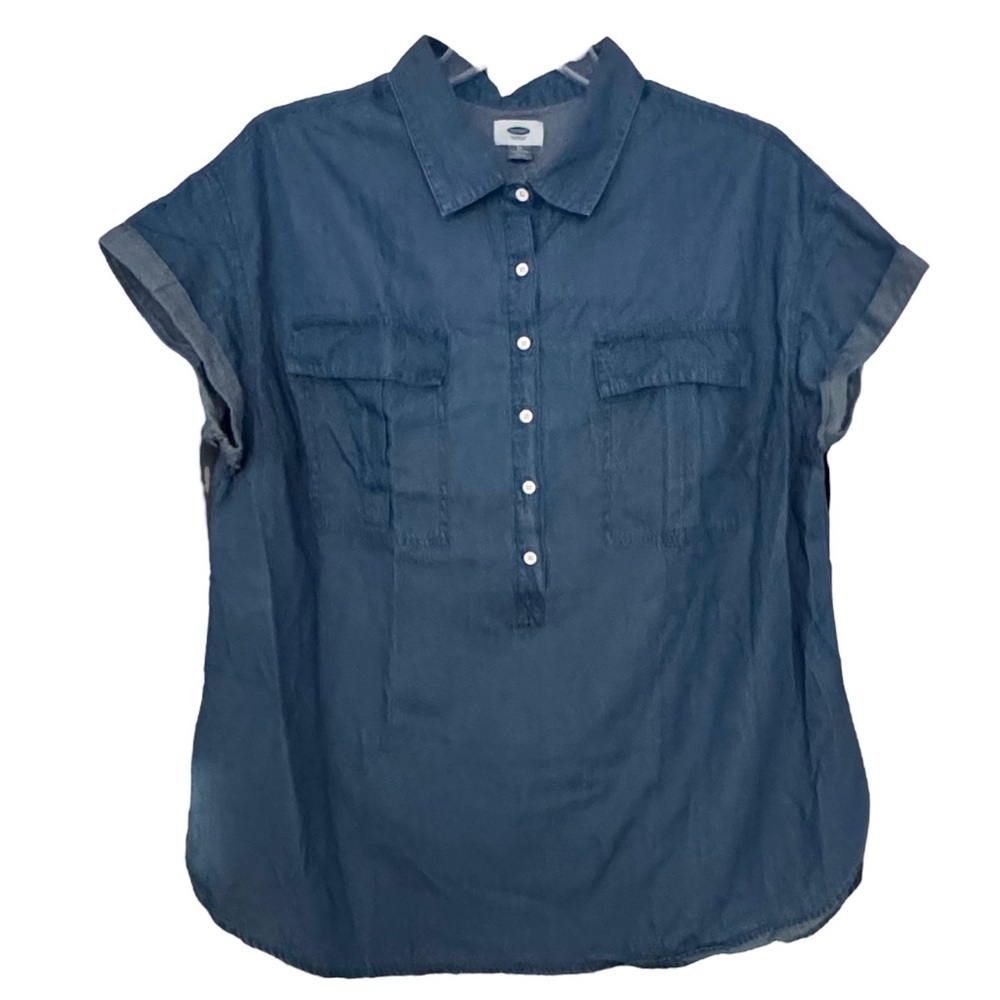 NWT Old Navy Sz 2X Medium Wash 1/2 Button Cap Sleeve Chest Pockets Denim Tunic